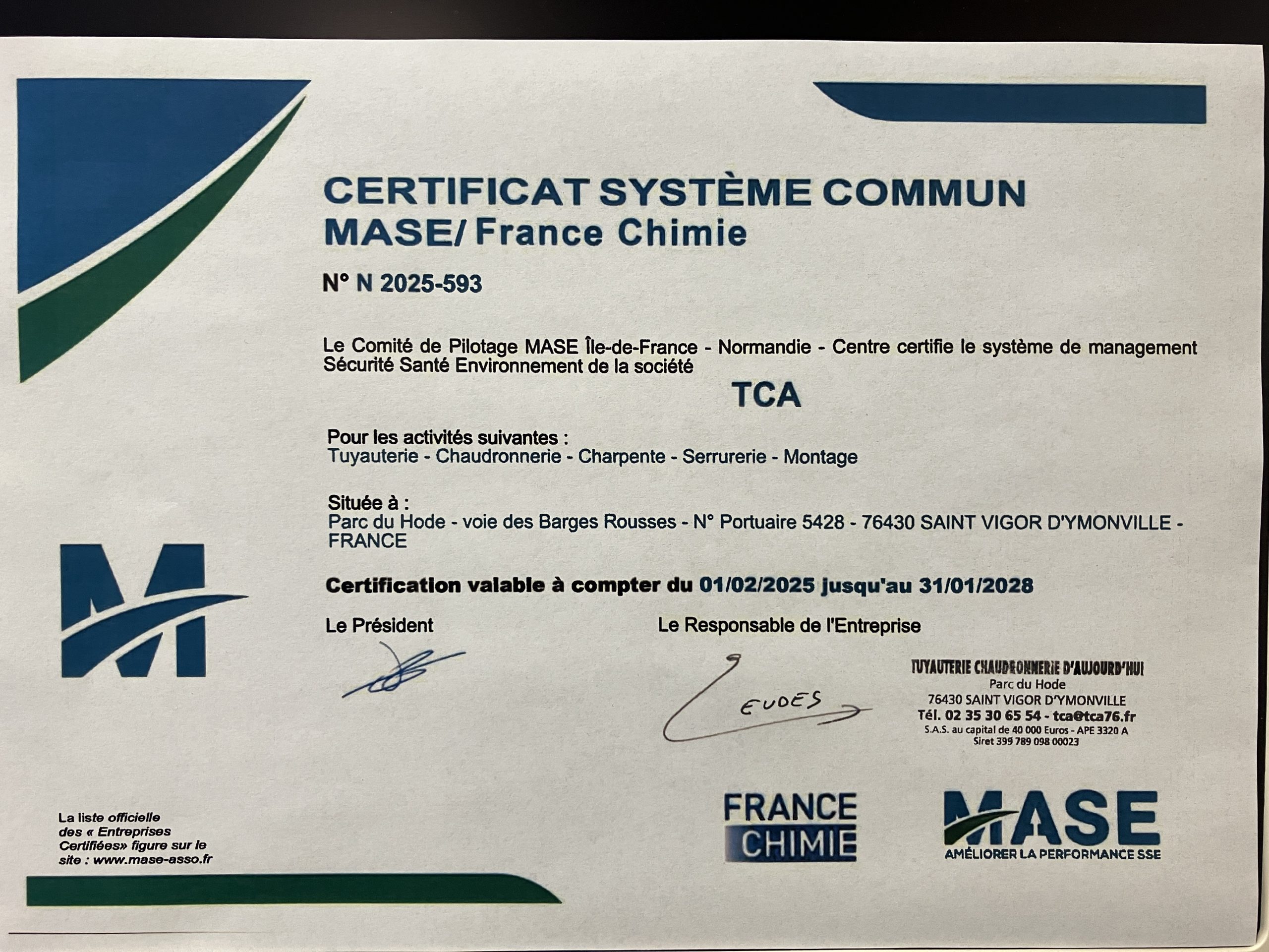 TCA est heureux de partager avec vous ce renouvellement de notre certification MASE Merci aux équipes TCA pour leur engagement